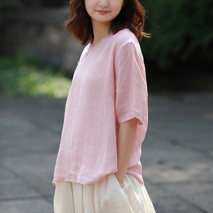 Buddha Stones V-Neck Ramie Linen Loose Casual Blouse Short Sleeve Shirt Chinese Style Top