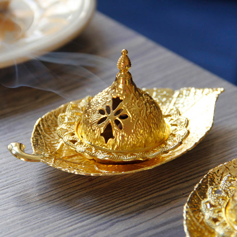 Tibetan Gold Mini Leaf Coaster Meditation Incense Burner - image 1