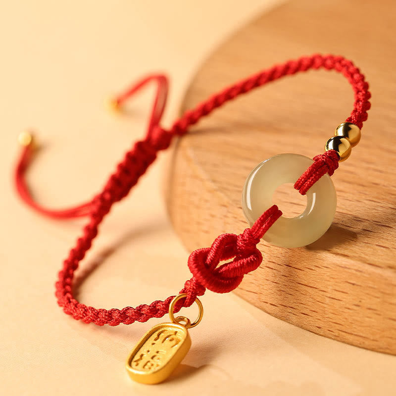 Buddha Stones Hetian Jade Peace Buckle Fu Character String Luck Bracelet