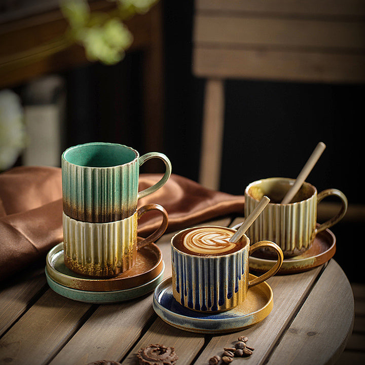 Buddha Stones Retro Striped Kiln Change Ceramic Coffee Mug Rough Pottery Tea Coffee Cup With Saucer 250ml