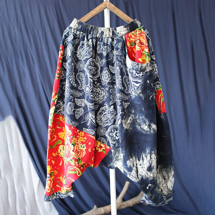 Buddha Stones Blue Red Peony Flowers Patchwork Cotton Linen Harem Pants With Pockets