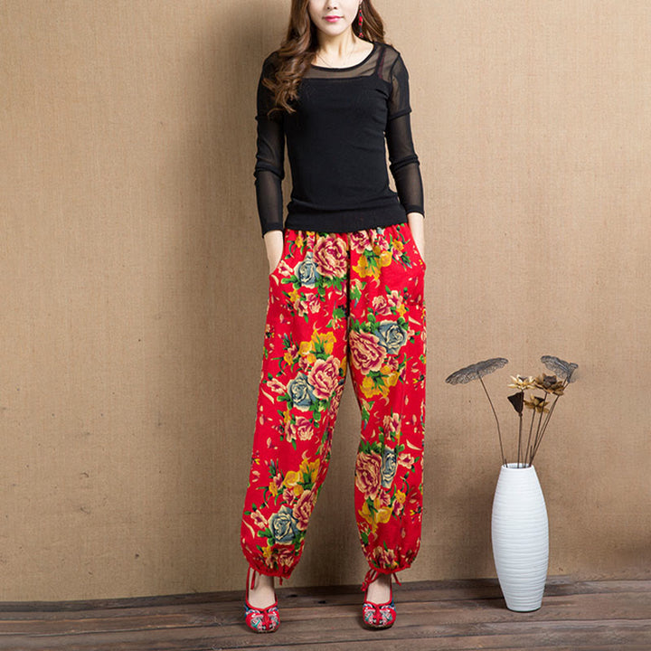 Buddha Stones Ethnic Style Red Green Flowers Print Harem Pants With Pockets