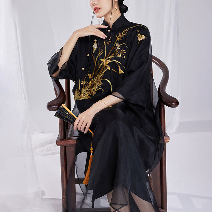 Buddha Stones 100% Mulberry Silk 6 Momme Dress Vintage Flower Butterfly Embroidery Qipao Dress Women's Cheongsam Dress - image 16