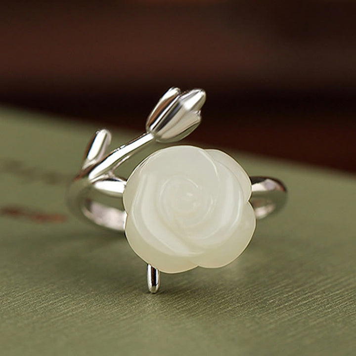 Buddha Stones 925 Sterling Silver Plated Gold Rose Flower Hetian White Jade Happiness Ring