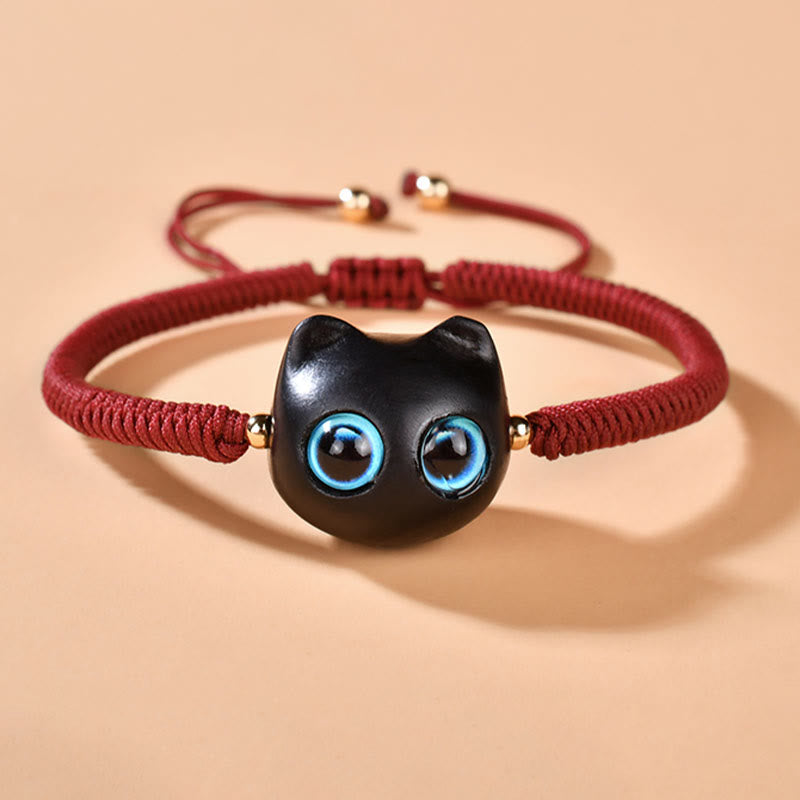 Buddha Stones Ebony Wood Cat Head Pattern Peace King Kong Knot Braided Bracelet - image 4