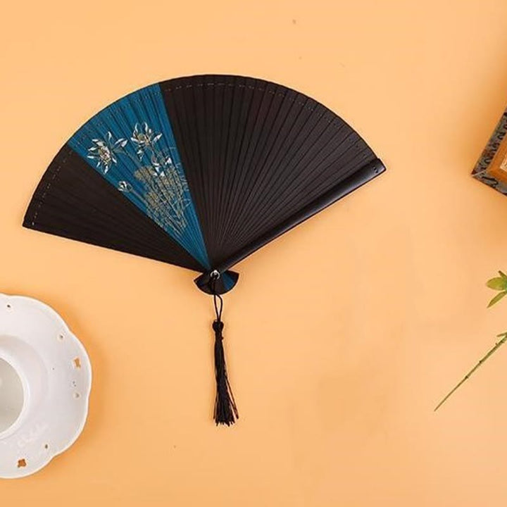 Buddha Stones Hibiscus Flower Plum Blossom Handheld Bamboo Folding Fan