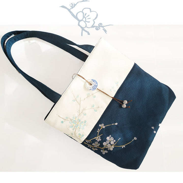 Pear Flower Plum Peach Blossom Bamboo Embroidery Canvas Large Capacity Shoulder Bag Tote Bag - Dark Blue White Plum - image 28
