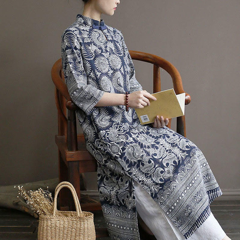 Buddha Stones Blue And White Porcelain Pattern Frog-button Midi Dress Three Quarter Sleeve Linen Batik Dress With Pockets