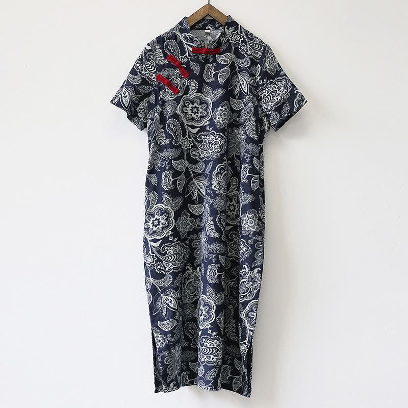 Buddha Stones Blue White Flower Frog-button Cheongsam Dresses Short Sleeve Linen Dresses With Pockets