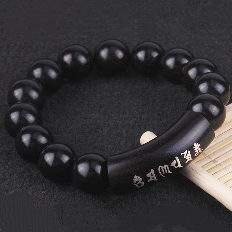 Buddha Stones 999 Sterling Silver Ebony Wood Om Mani Padme Hum Inlaid Balance Bracelet