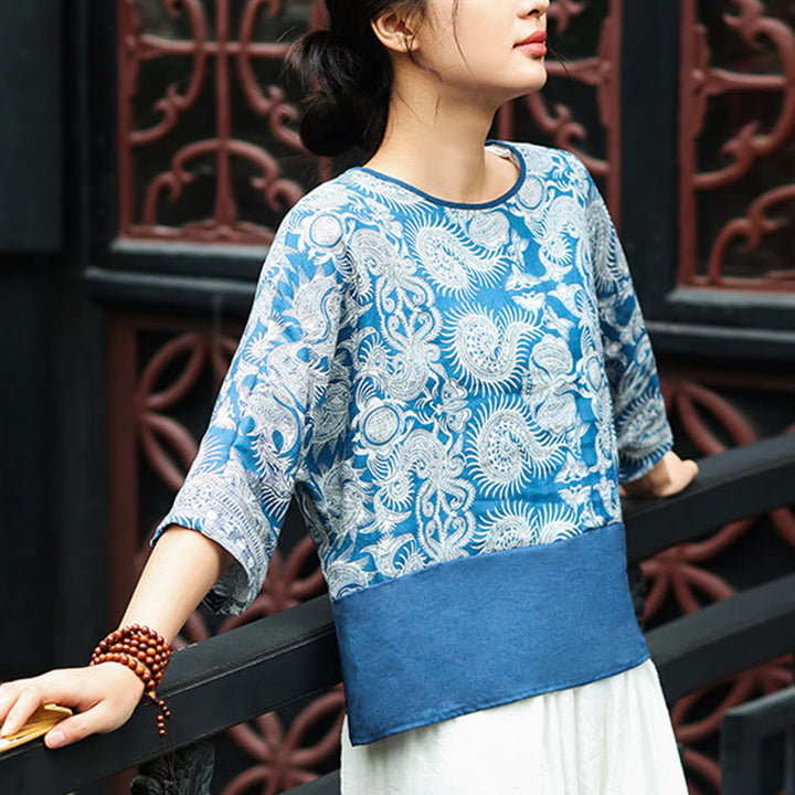 Buddha Stones Blue Flowers Three Quarter Sleeve Top Casual Tee T-shirt