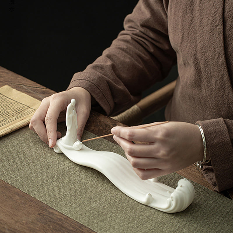 Buddha Monk Ceramic Sea Wave Mountain Blessing Incense Burner Decoration - image 4