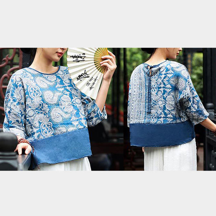 Buddha Stones Blue Flowers Three Quarter Sleeve Top Casual Tee T-shirt