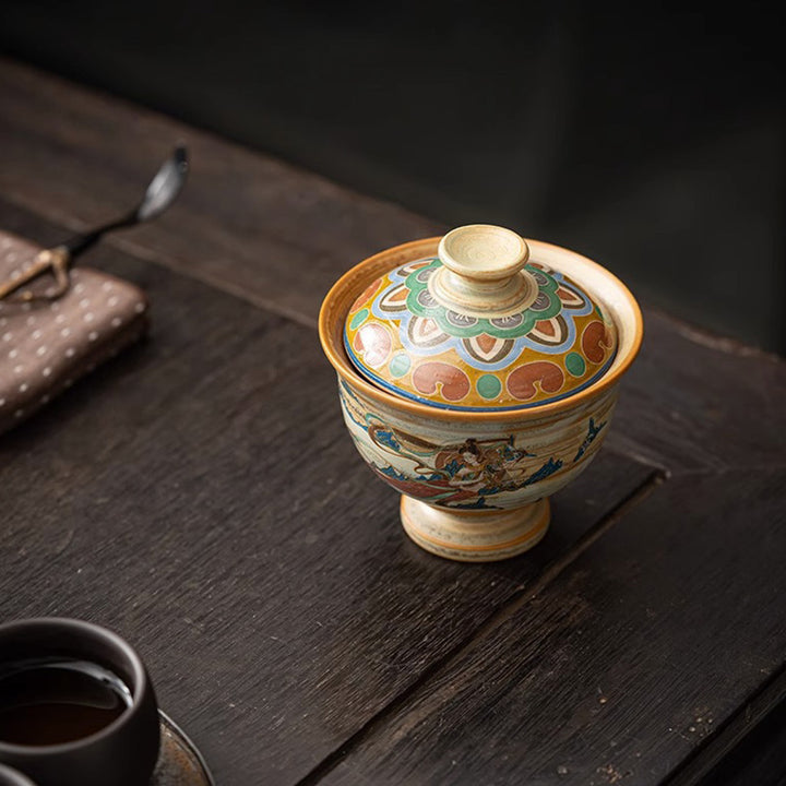 Buddha Stones Dunhuang Flying Apsaras Ceramic Gaiwan Sancai Teacup Kung Fu Tea Cup With Lid