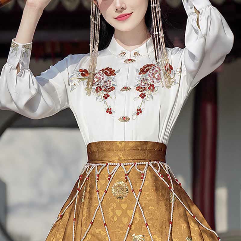 Buddha Stones Golden Flower Phoenix Embroidery Long Sleeve Shirt Top Chinese Hanfu Ming Dynasty Horse Face Skirt Mamianqun Skirt