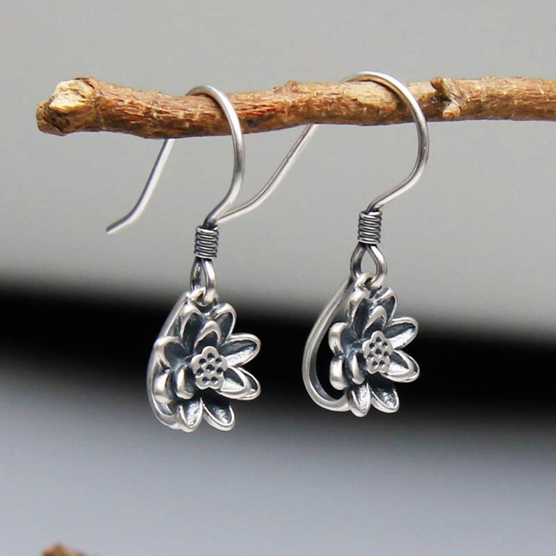 Buddha Stones 925 Sterling Silver Lotus Flower Enlightenment Earrings - image 1