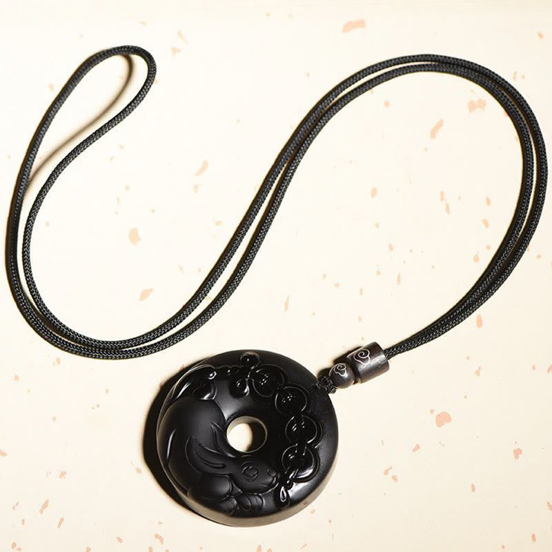 Buddha Stones Chinese Zodiac Natural Black Obsidian Peace Buckle Strength Necklace Pendant - image 6