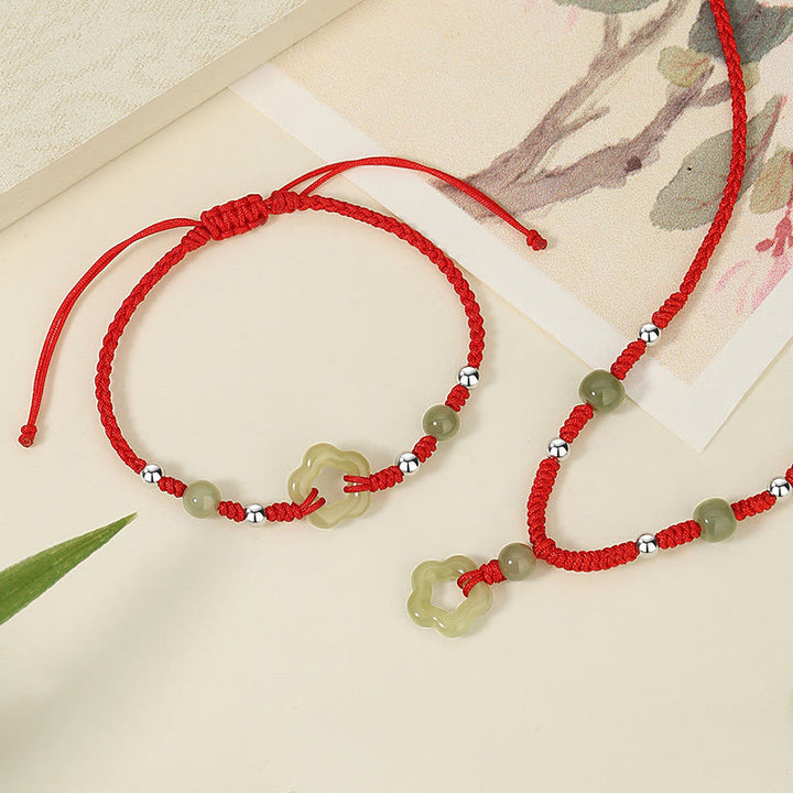 Buddha Stones 925 Sterling Silver Natural Hetian Cyan Jade Flower Pentagram Luck Red Rope Necklace Pendant Bracelet Set