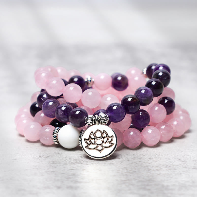 Buddha Stones Natural Rose Quartz & Amethyst Mala Bead Lotus Pendant Bracelet - image 0