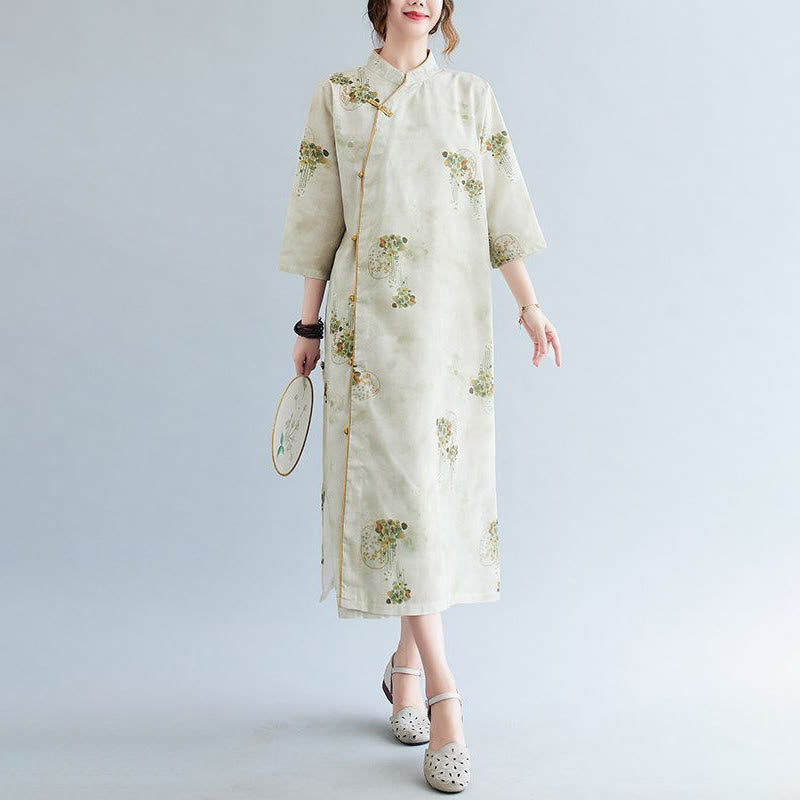 Buddha Stones Flowers Green Yellow Leaves Print Cheongsam Midi Dress Three Quarter Sleeve Dress With Pockets