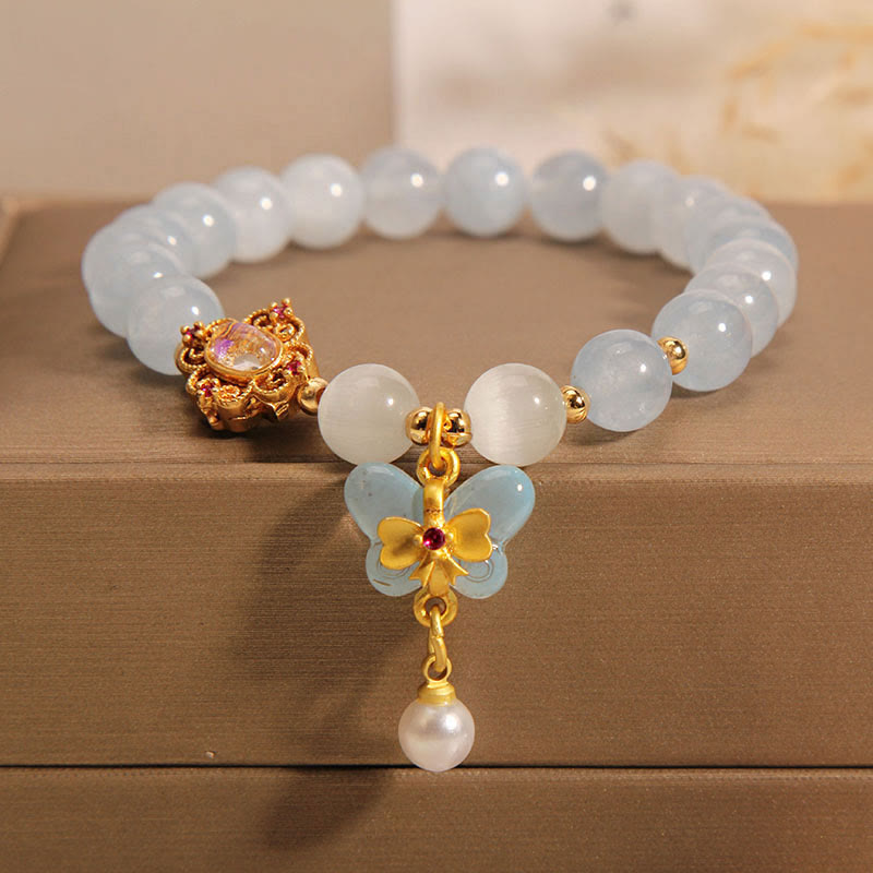 Buddha Stones Aquamarine Cat's Eye Healing Butterfly Pearl Charm Bracelet