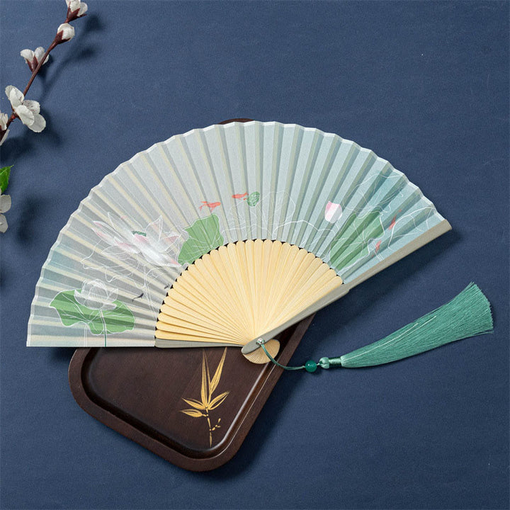 Buddha Stones Lotus Begonia Flower Jasmine Handheld Silk Bamboo Folding Fan 21cm