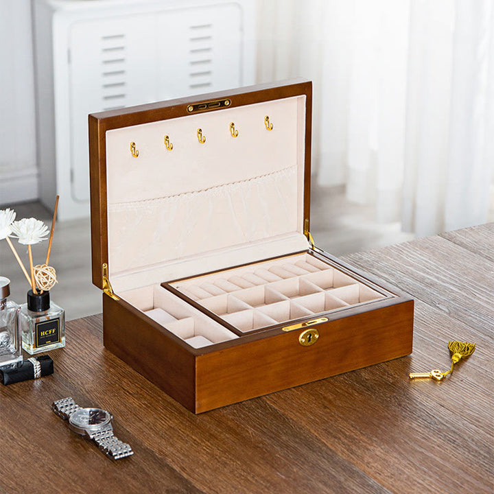 Buddha Stones Vintage Wooden Jewelry Box Two-Layer Solid Wood Jewelry Storage Box