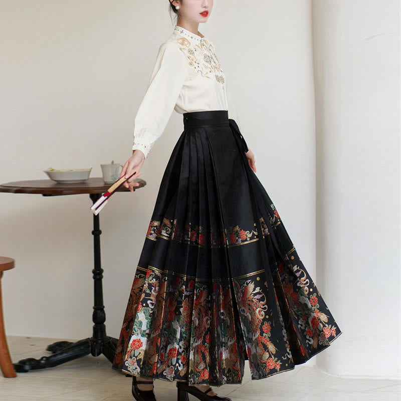 Buddha Stones Long Sleeve Shirt Embroidery Top Chinese Hanfu Phoenix Horse Face Skirt Mamianqun