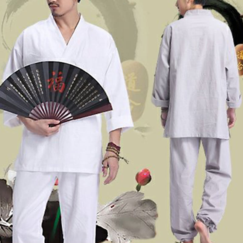 Buddha Stones Meditation Prayer V-neck Design Cotton Linen Spiritual Zen Practice Yoga Clothing Men's Set - image 18