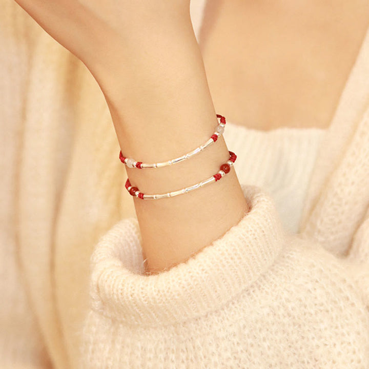 Buddha Stones 925 Sterling Silver Bamboo White Agate Red Agate Bead Protection String Braided Bracelet - image 9