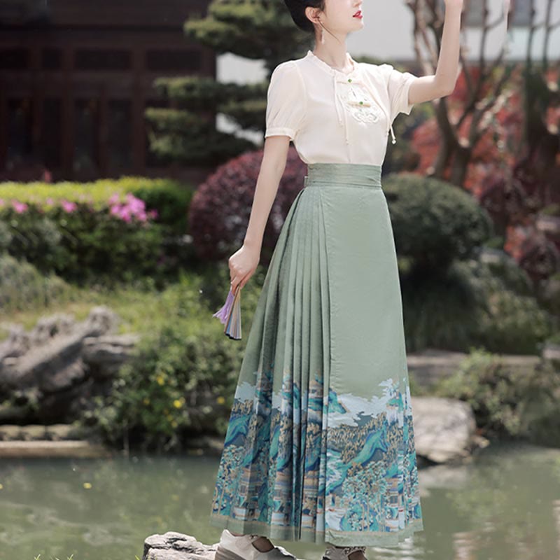 Buddha Stones Green Rivers Mountains Printed Chinese Hanfu Horse Face Skirt Mamianqun