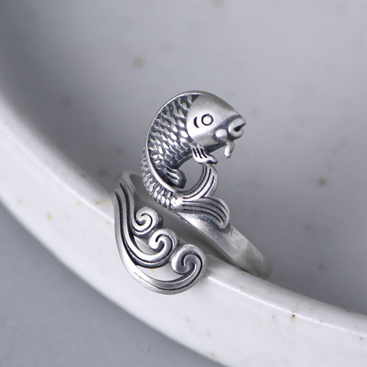 Buddha Stones 925 Sterling Silver Koi Fish Water Ripple Luck Wealth Ring - image 6