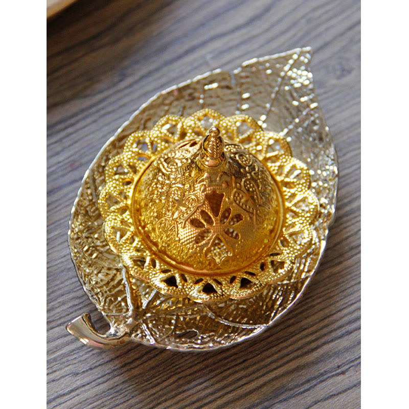 Tibetan Gold Mini Leaf Coaster Meditation Incense Burner - image 21