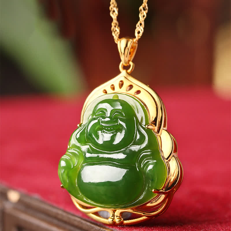 925 Sterling Silver Natural Hetian Cyan Jade Laughing Buddha 18K Gold Healing Necklace Chain Pendant - image 3
