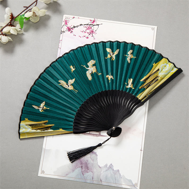 Buddha Stones Flying White Crane Sun Cloud Handheld Silk Bamboo Folding Fan 22cm