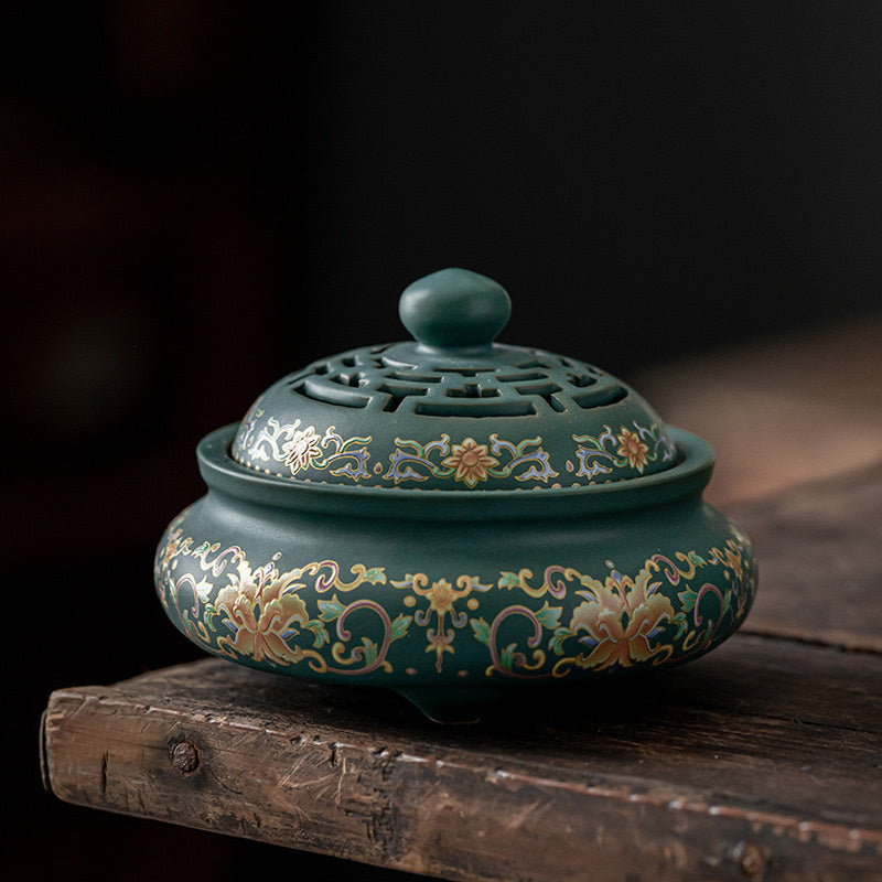 Dragon Floral Pattern Backflow Smoke Fountain Ceramic Meditation Incense Burner Decoration - Green Floral - image 6