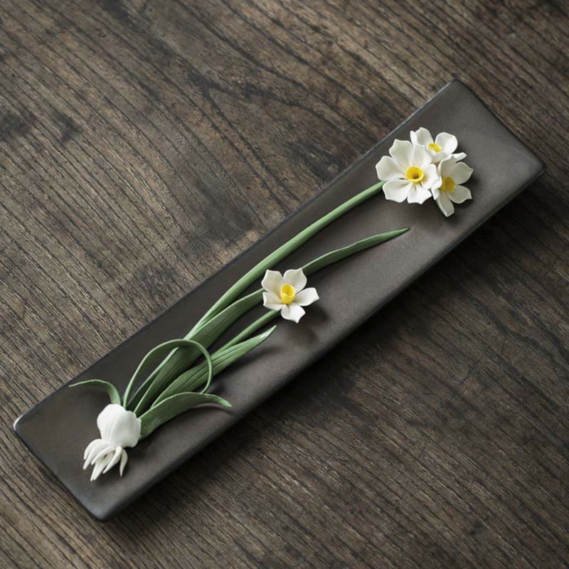 Lotus Peony Rose Flower Ceramic Spiritual Incense Burner - White Daffodils - image 7