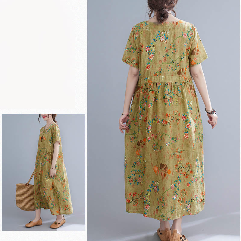 Buddha Stones Flowers Print Midi Dress Cotton Linen Tunic Dress With Pockets