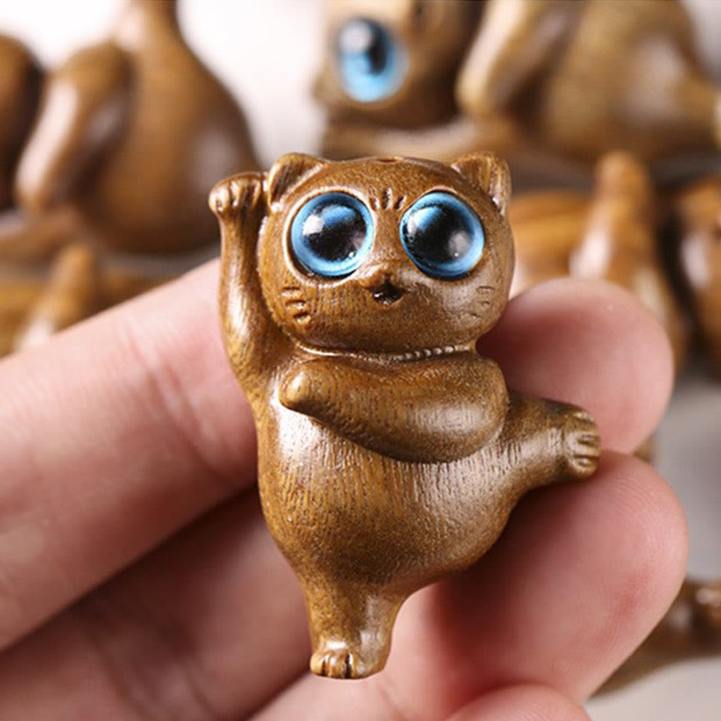 Buddha Stones Mini Green Sandalwood Dancing Cat Engraved Positive Desk Decorations - image 9