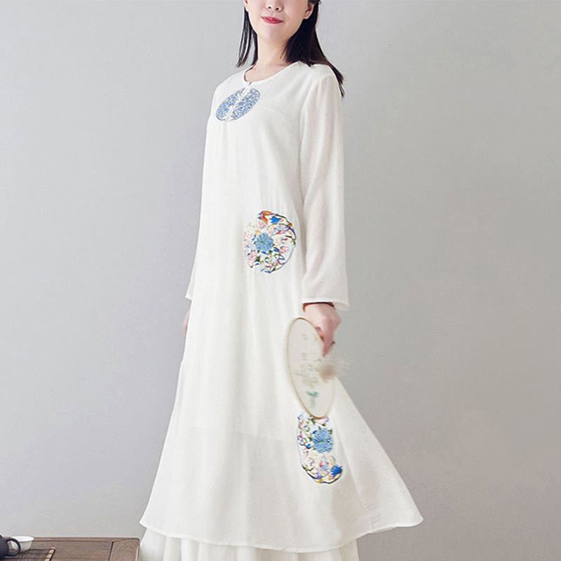 Buddha Stones Embroidery Long Sleeve Midi Dress Meditation Spiritual Zen Practice