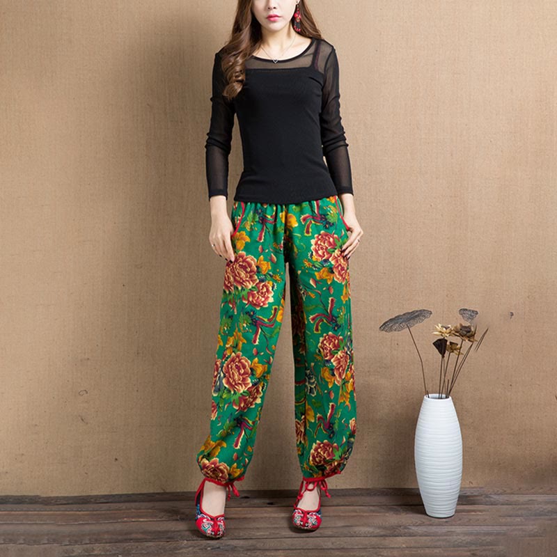 Buddha Stones Ethnic Style Red Green Flowers Print Harem Pants With Pockets