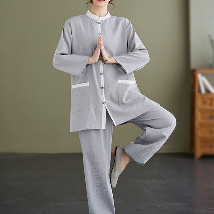 Buddha Stones 2Pcs Solid Color Long Sleeve Shirt Top Pants Meditation Zen Tai Chi Cotton Linen Clothing Women's Set