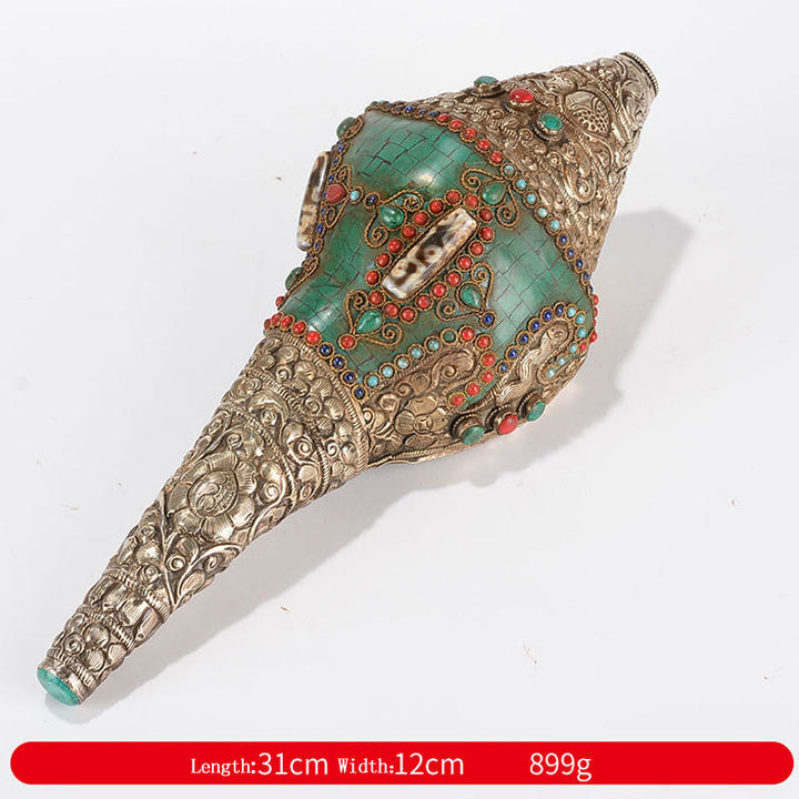 Tibetan Handmade Shankha Om Mani Padme Hum Buddha Avalokitesvara Turquoise Conch Shell Positive Decoration - Double Dorje 31*12cm - image 20