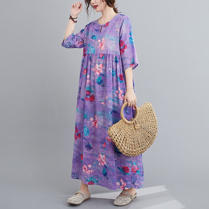 Buddha Stones Flowers Print Midi Dress Cotton Linen Tunic Dress With Pockets