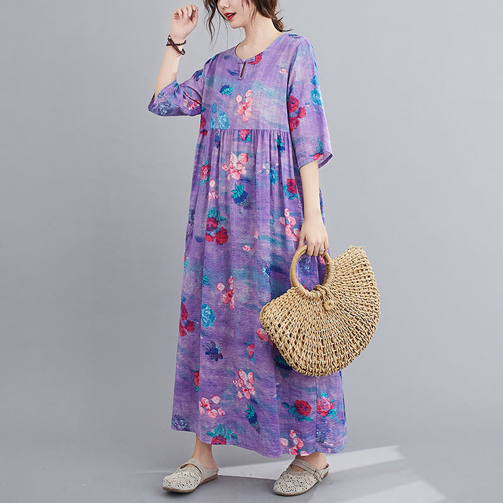 Buddha Stones Flowers Print Midi Dress Cotton Linen Tunic Dress With Pockets