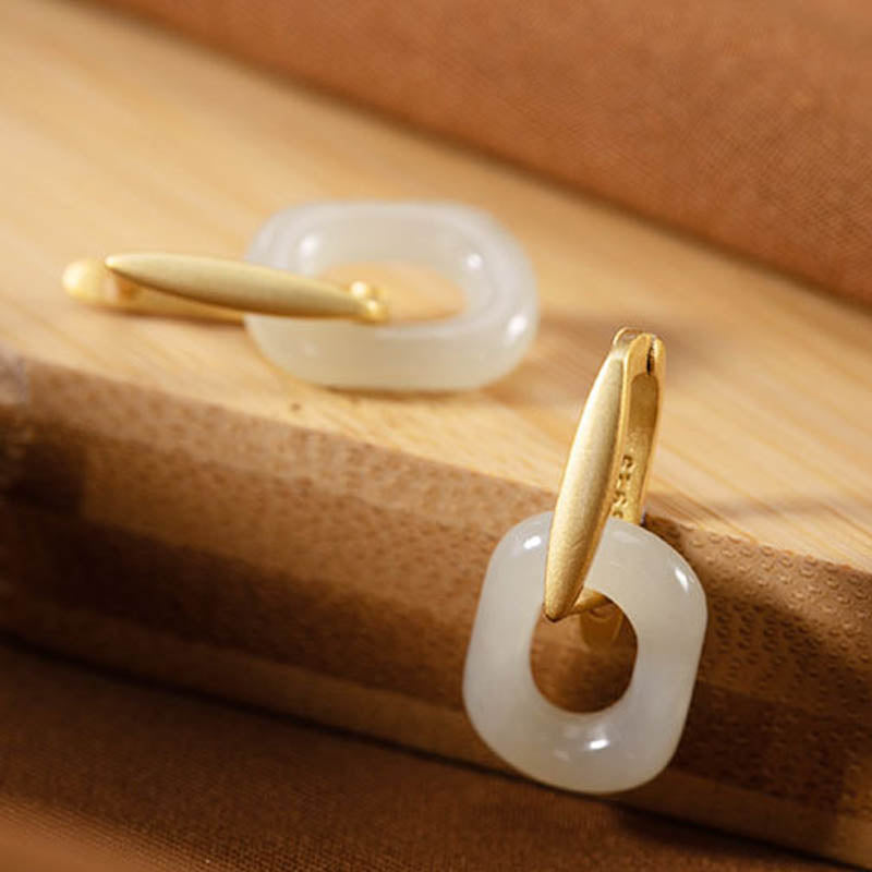 Buddha Stones 925 Sterling Silver Round White Jade Happiness Blessing Earrings - image 5