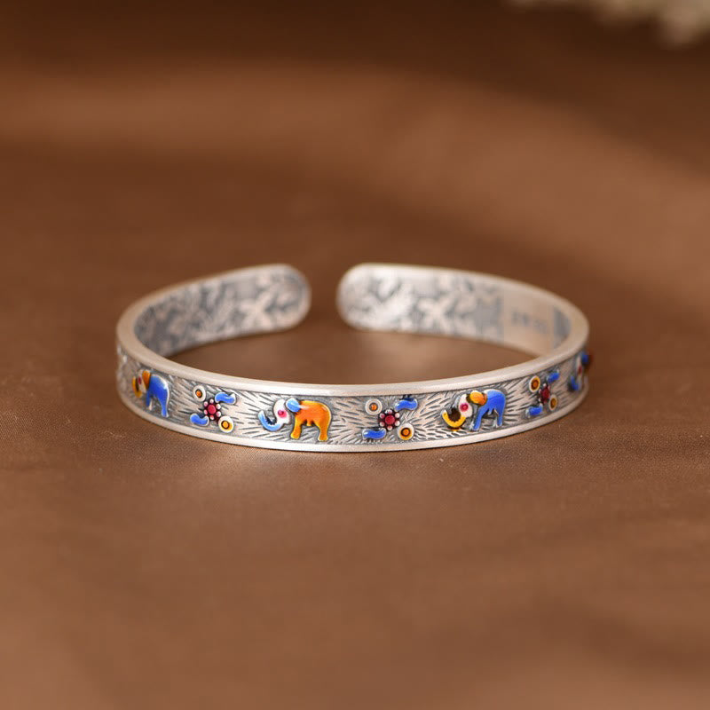 Buddha Stones 999 Sterling Silver Elephant Strength Wisdom Bracelet Cuff Bangle - 55mm(Adjustable) - image 1