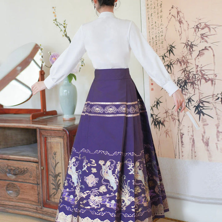 Buddha Stones Long Sleeve Shirt Top Chinese Hanfu Flying Fairy Horse Face Skirt Purple Mamianqun