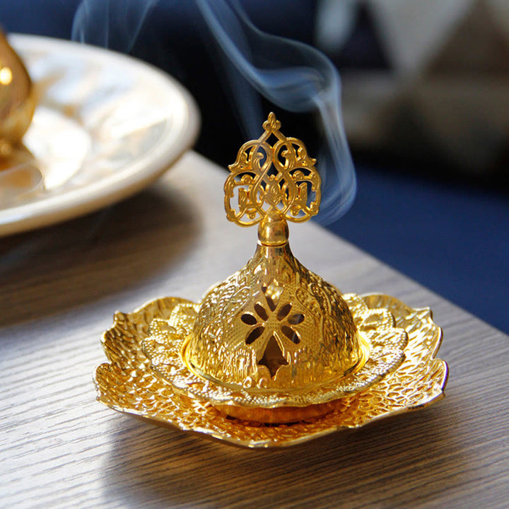 Gold Leaf Coaster Spiritual Mini Alloy Metal Incense Burner - Gold Leaf Coaster&Mini Incense Burner - image 0