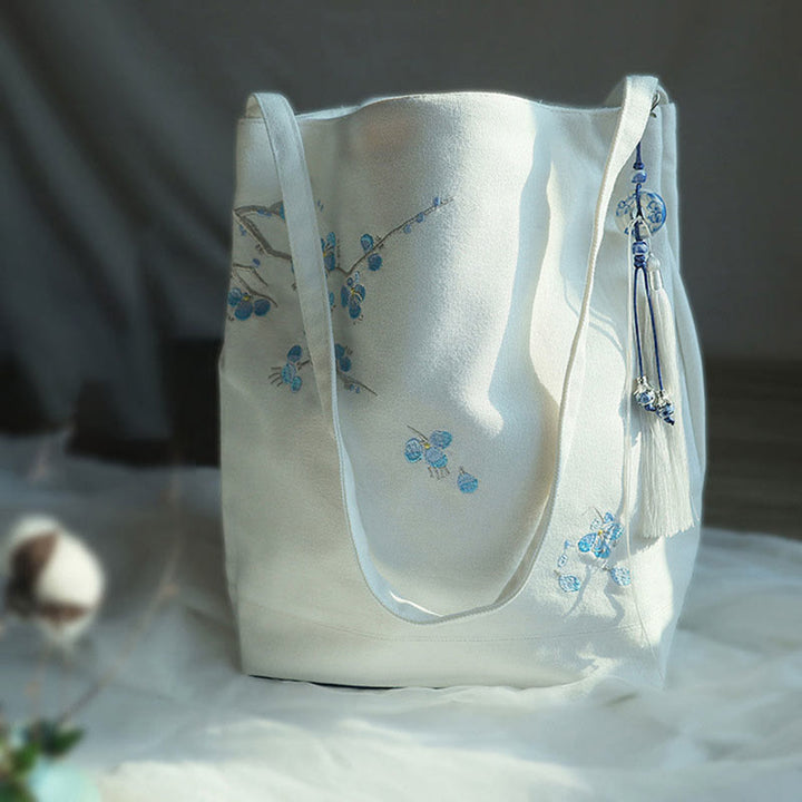 Flower Crane Plum Blossom Embroidery Canvas Large Capacity Shoulder Bag Tote Bag